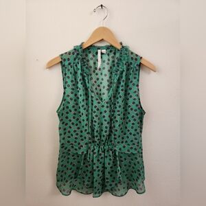 Lauren Conrad Women's Blouse Peplum Sleeveless Sheer Polkadot Shirt Green Medium